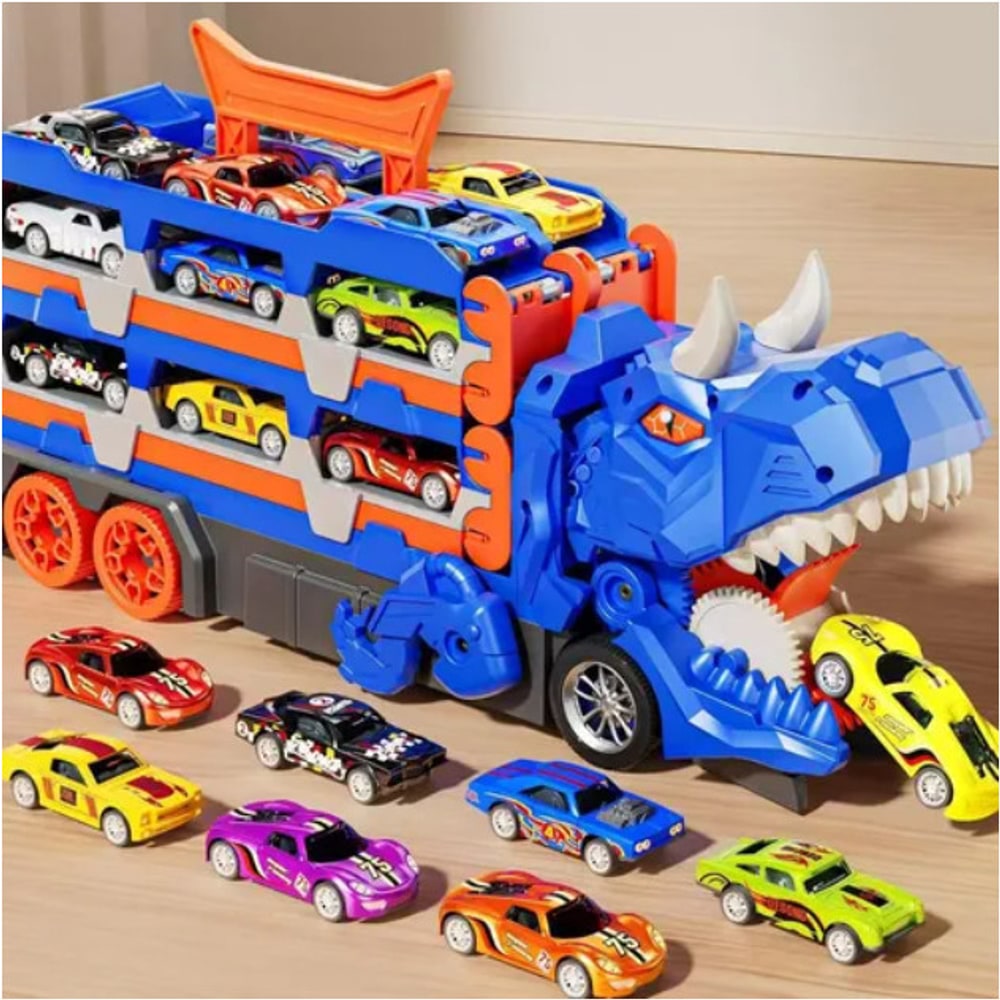 Cegonha dinossauro fechada com os 6 carrinhos de metal